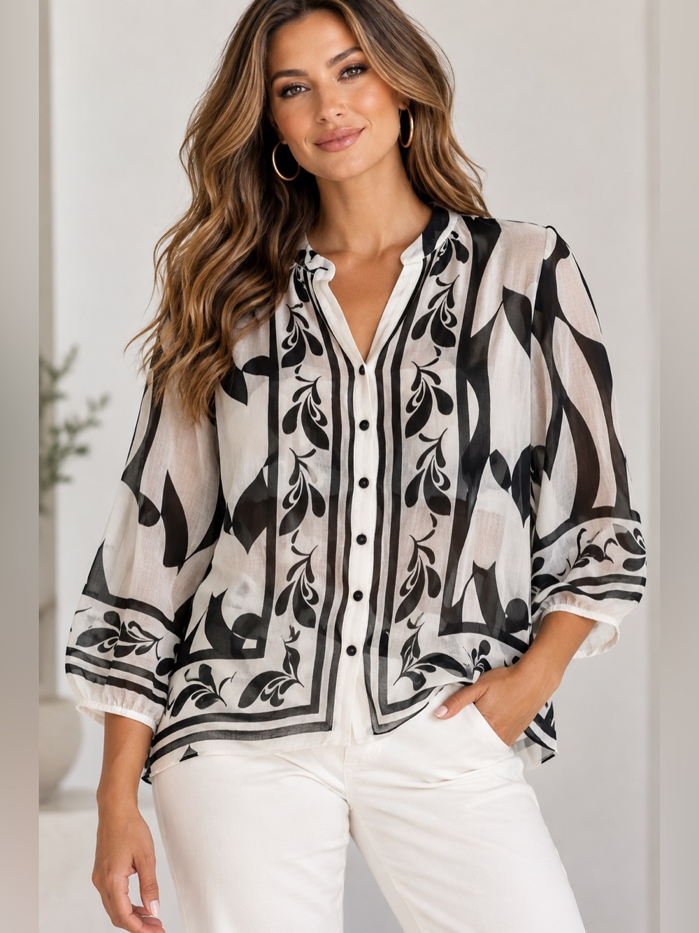 fig and flower Black & White Printed Button-Front Blouse